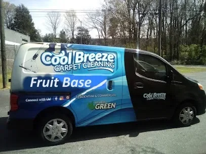 A black and blue van with advertising for Cool Breeze Carpet Cleaning on its side, including a message about fruit-based cleaning, parked outdoors with trees in the background.