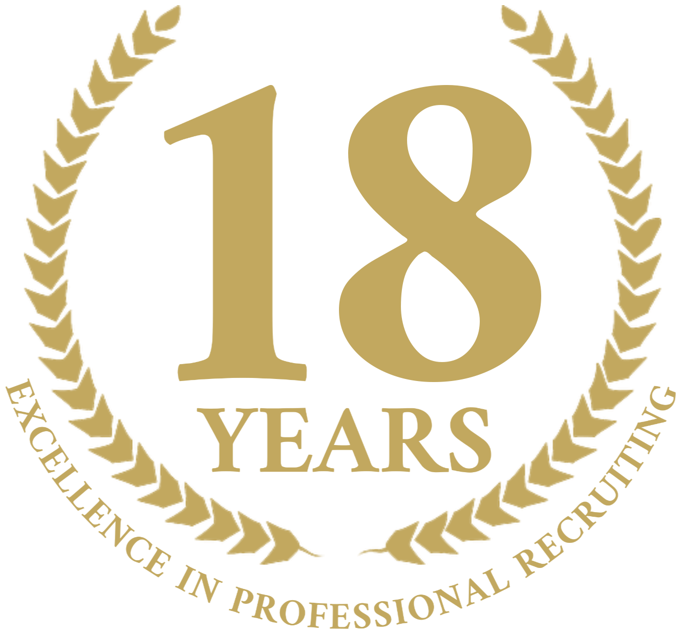 Gold number 18 inside a laurel wreath with the words "EXCELLENCE IN PROFESSIONAL RECRUITING" curved along the bottom of the wreath.