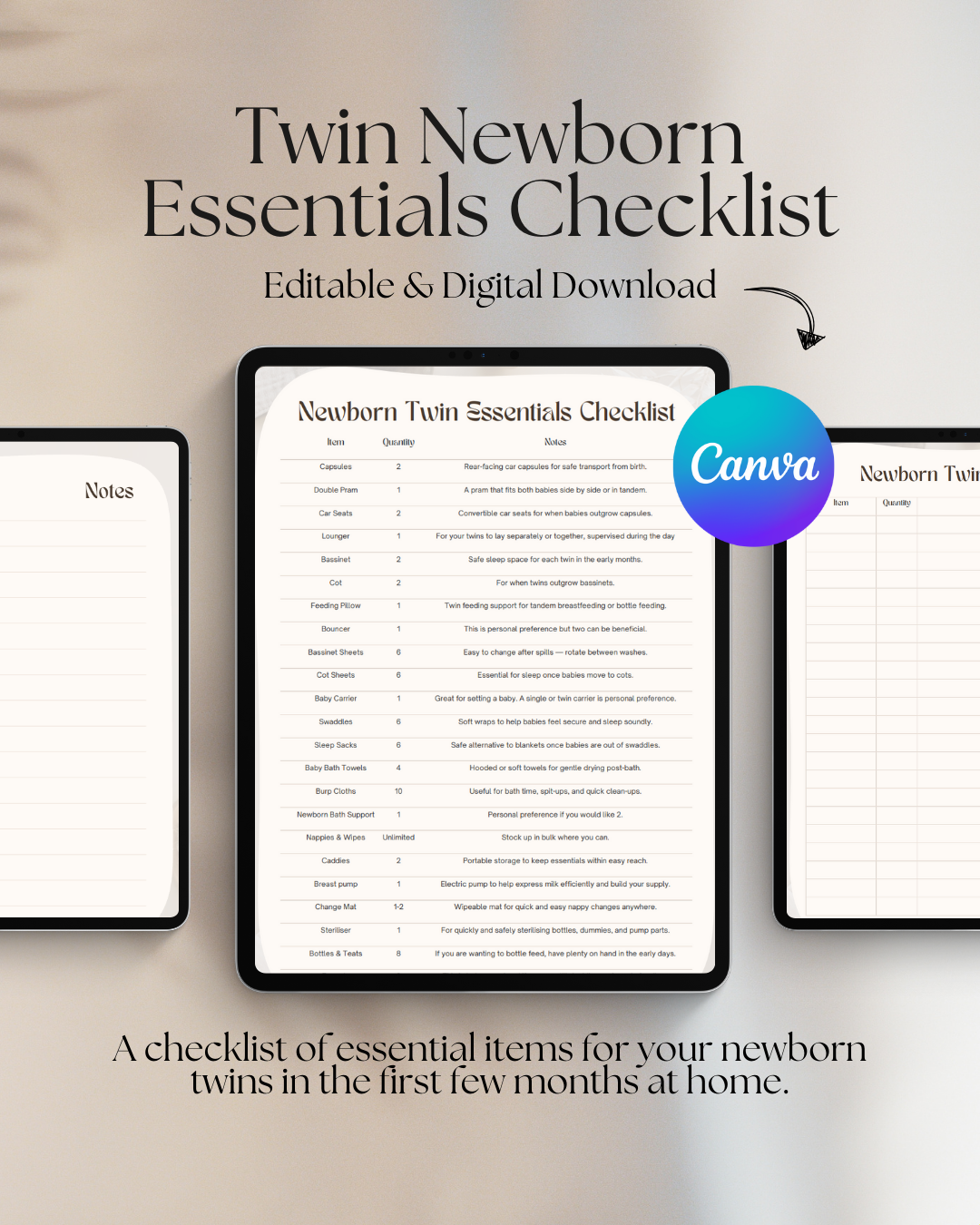 Newborn Twin Essentials and Checklist with Canva Download