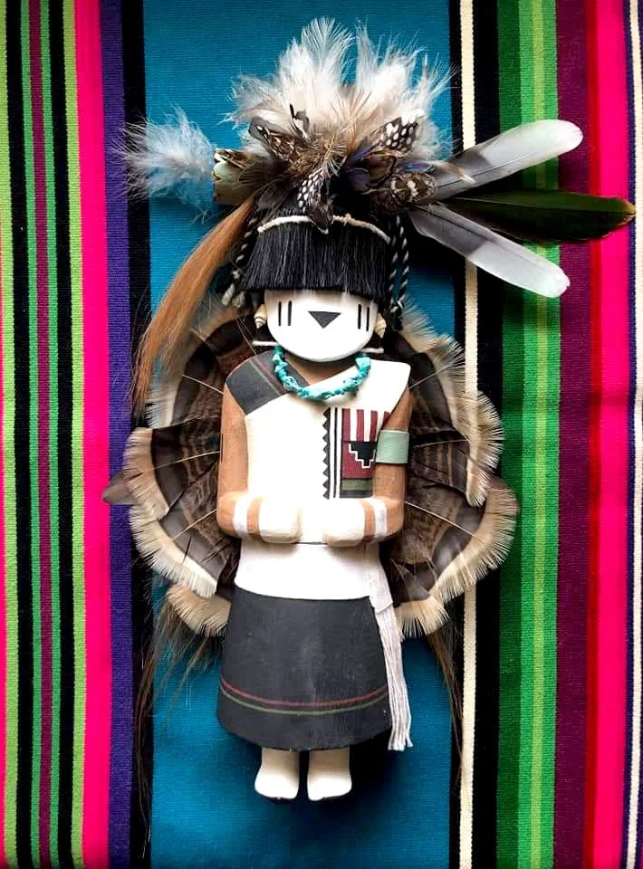 Mosayurmana - Buffalo Maiden
12.5" x 8".
Cottonwood root, horse hair, turquoise beads, feathers, acrylic and natural paints.
2017