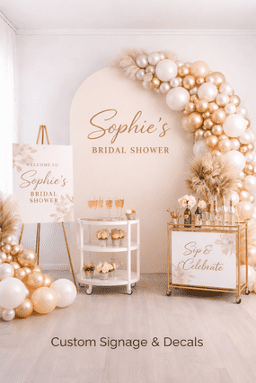 Decorative setup for a bridal shower with a sign reading "Sophie’s Bridal Shower" and gold, white, and blush balloon arrangements, along with small tables displaying decor and treats.