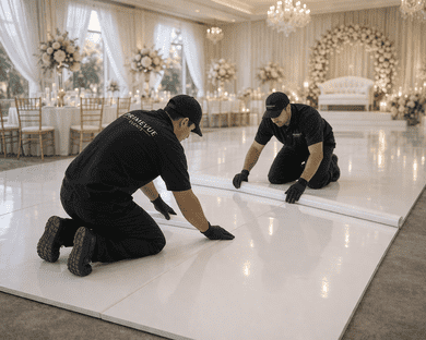 primevue events installing white vinyl flooring at wedding