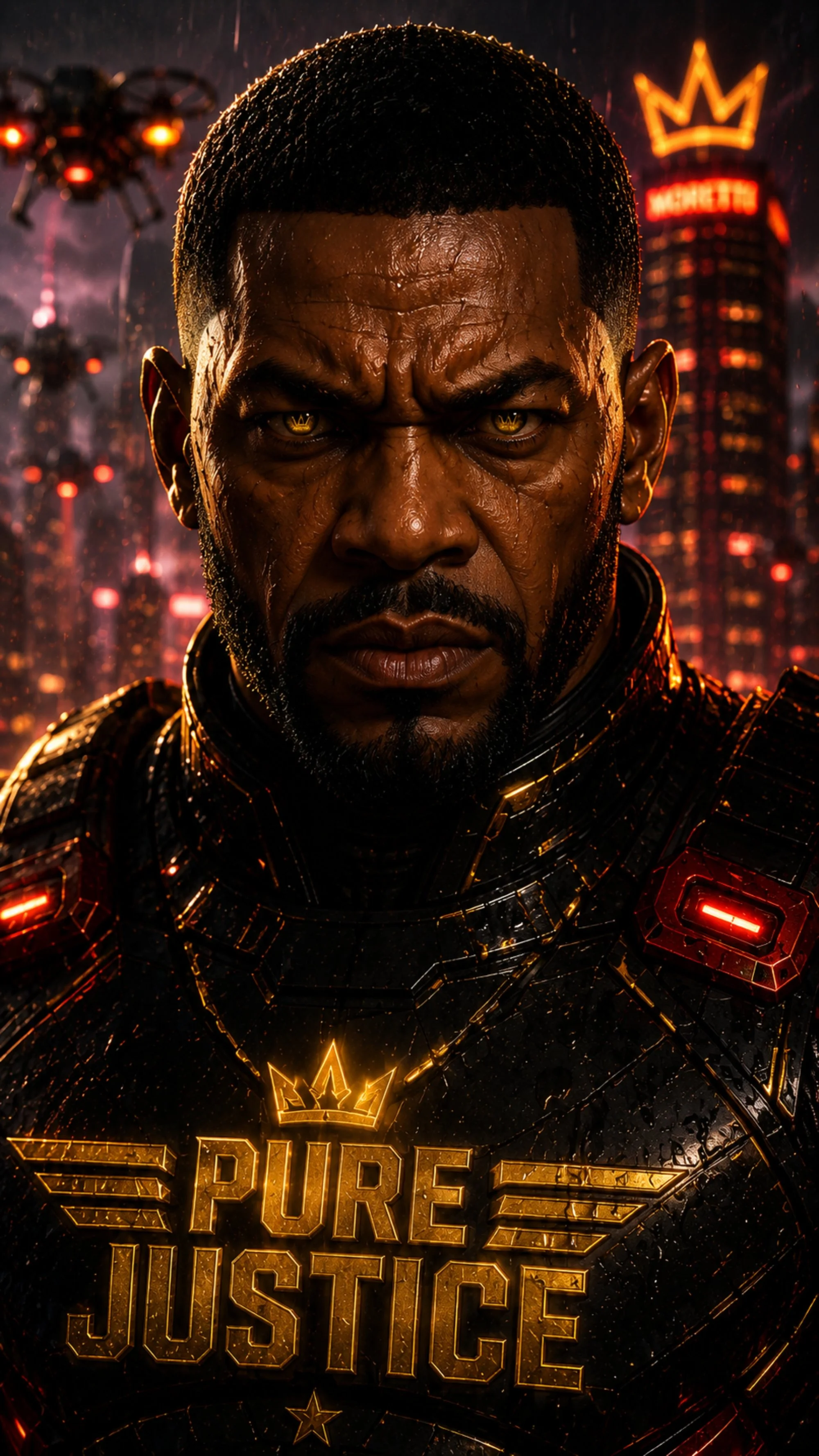 A digitally created image of a muscular man in a futuristic armor suit with glowing red and gold accents, standing in front of a city skyline at night. The man has a serious expression, and the words "PURE JUSTICE" are prominently displayed below him