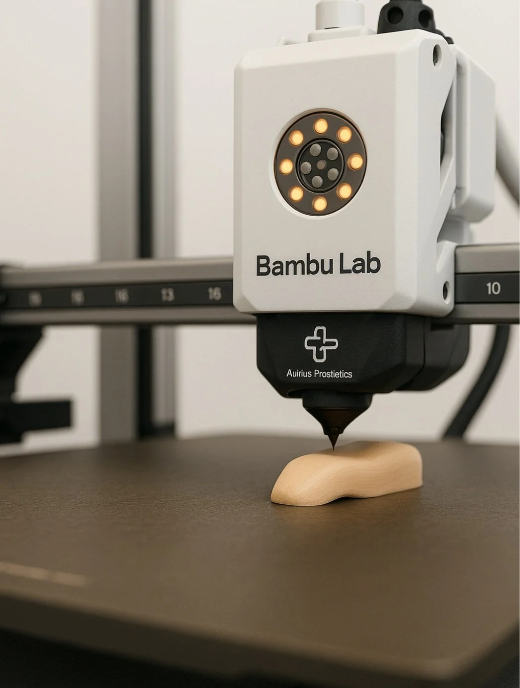 Aurius 3D Printer from Bambu Lab with a nozzle printing a prosthetic ear on the build platform.