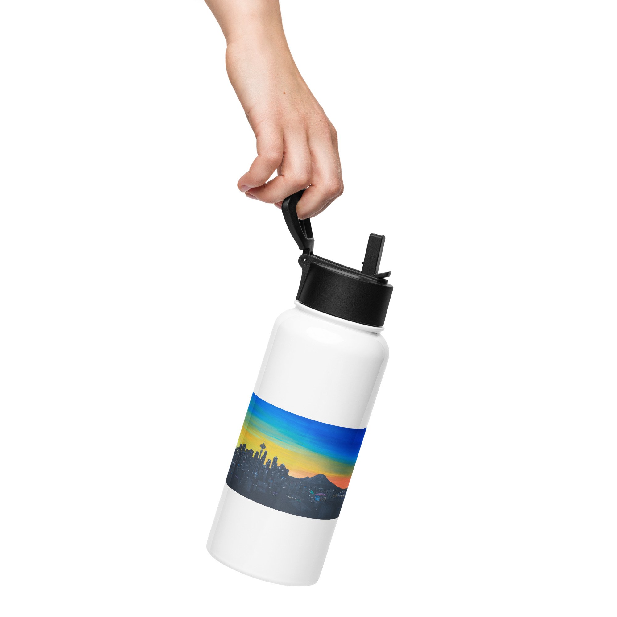 Stainless steel water bottle with a straw lid - print of original art - Seattle and Mt. Rainier Dawn