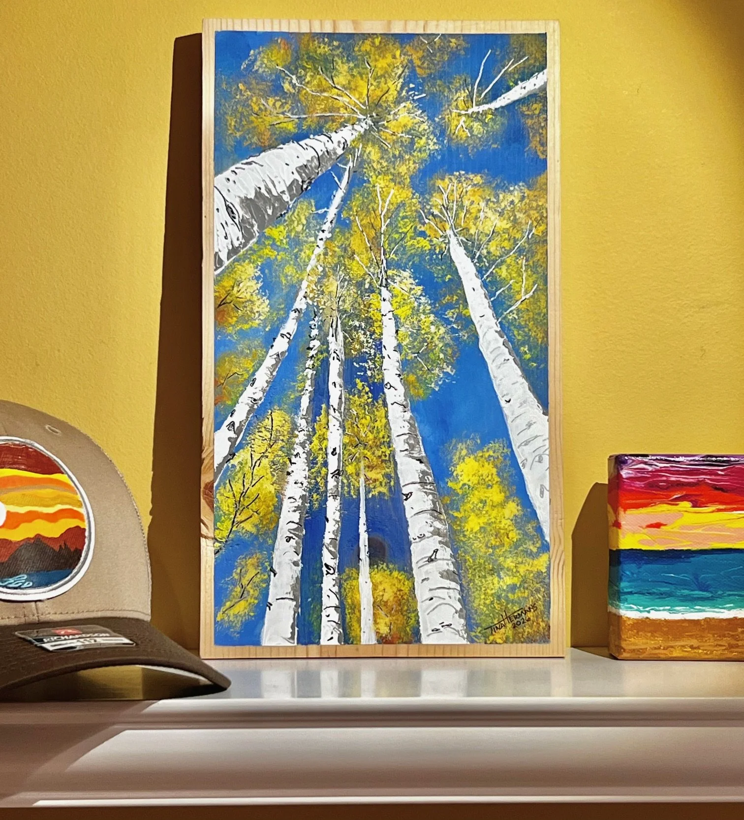 "Reaching for the Blue" - Original acrylic painting on recycled wood (7.25"W x 12.75"H x 0.75"D)