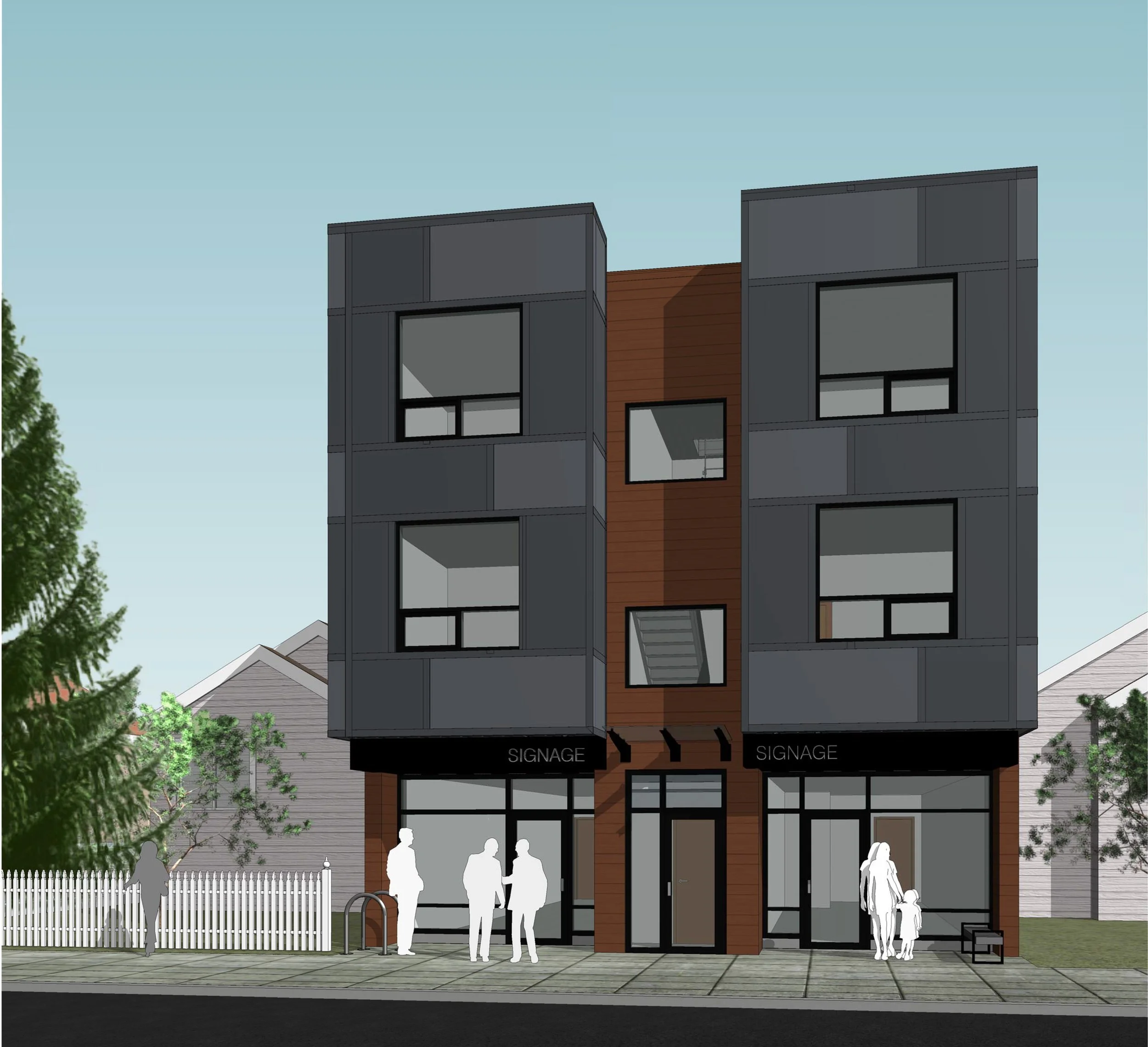 Concept rendering of a small scale mixed-use typology featuring commercial space on the main floor with residential units above, in Edmonton, Alberta.