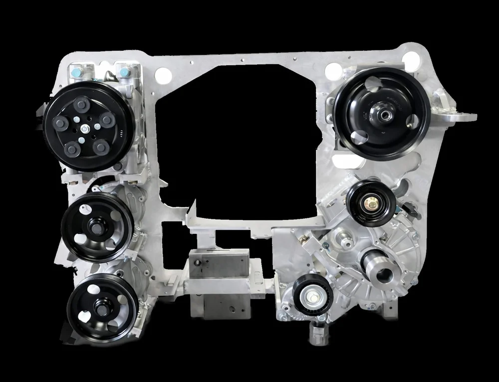 Machined aluminum front-cover assembly with accessory pulleys