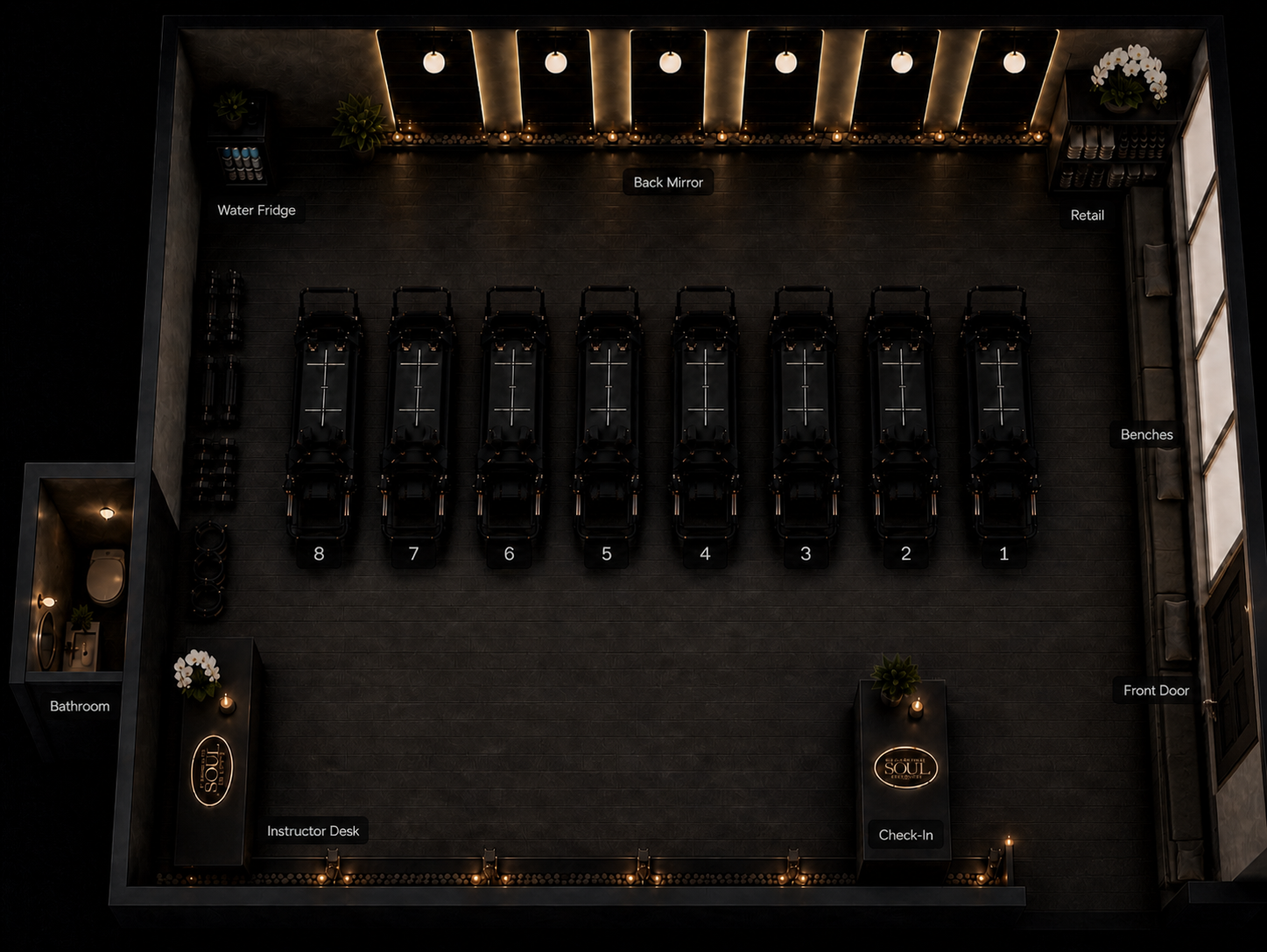 Top-down view of a modern fitness studio with eight black workout machines numbered 1 to 8 in the center. Surrounding are labeled areas: 'Water Fridge' on the top left, 'Back Mirror' on the top center, 'Retail' on the top right, 'Benches' on the right side near a large window, 'Bathroom' on the bottom left, 'Instructor Desk' on the bottom center-left with a plant and flowers, and 'Check-In' on the bottom right near the entrance. The room has dark flooring, warm lighting, and decorative plants.