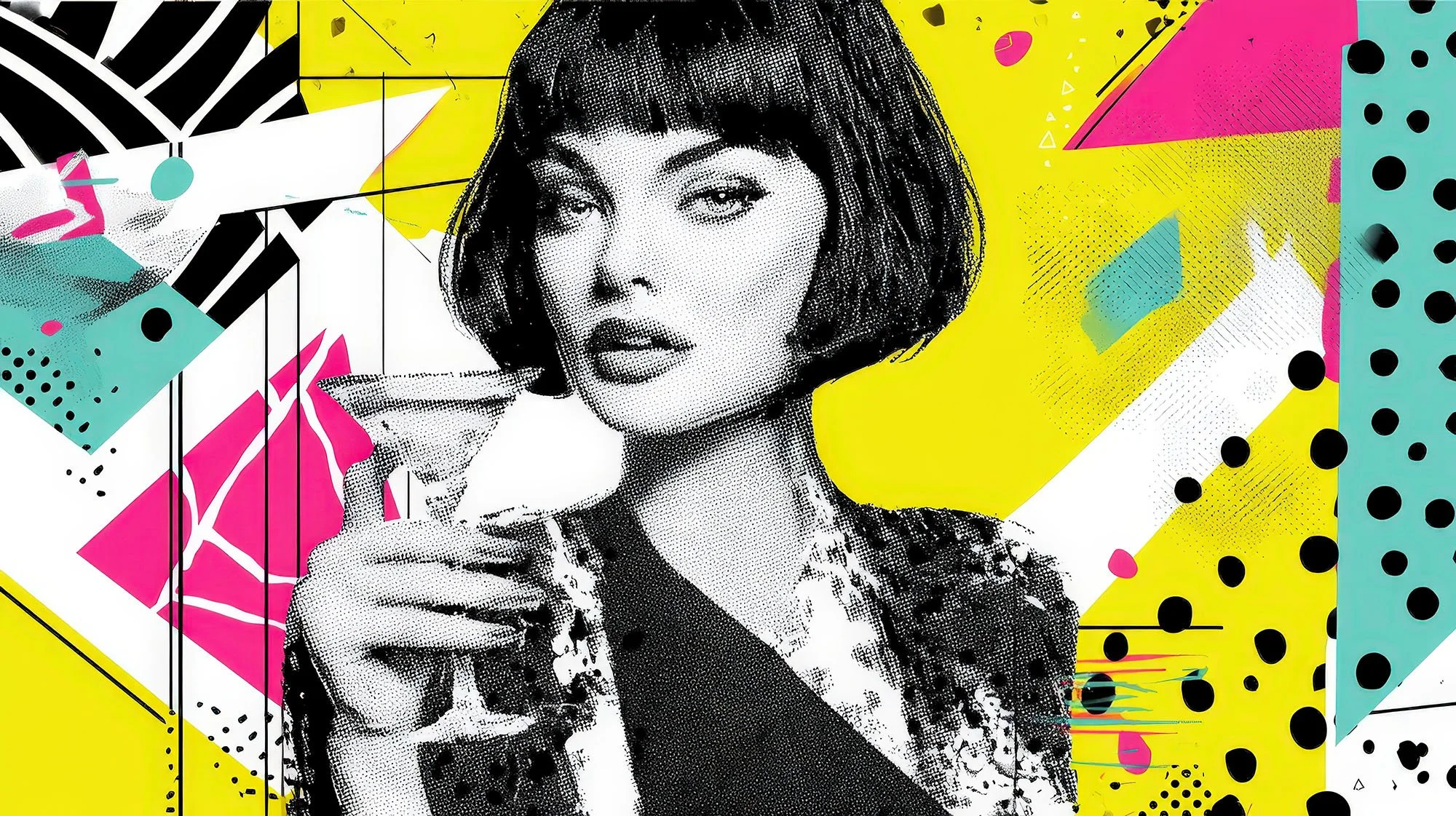Retro pop art woman holding a cocktail glass against a bold colourful abstract background