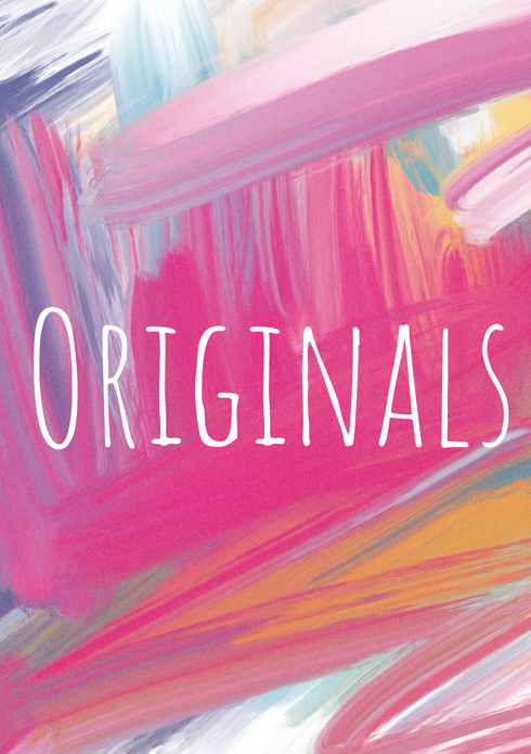 Abstract colorful background with pink, purple, blue, and yellow brushstrokes and the word "ORIGINALS" written in white text.