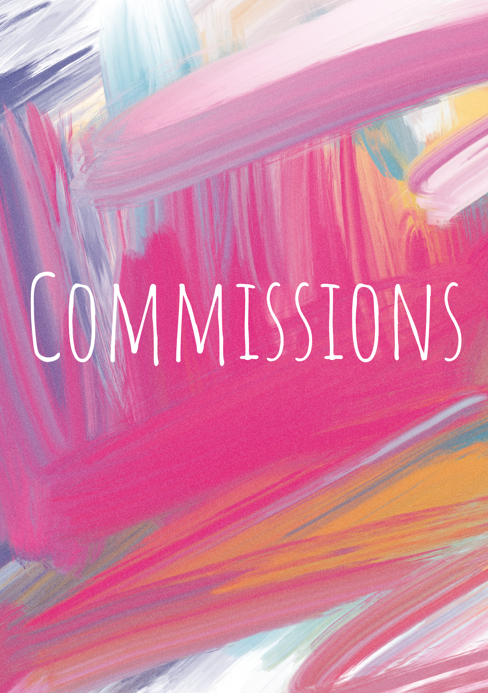 Colorful abstract background with pink, purple, orange, yellow, blue, and white brushstrokes, with the word "COMMISSIONS" written in white uppercase letters.