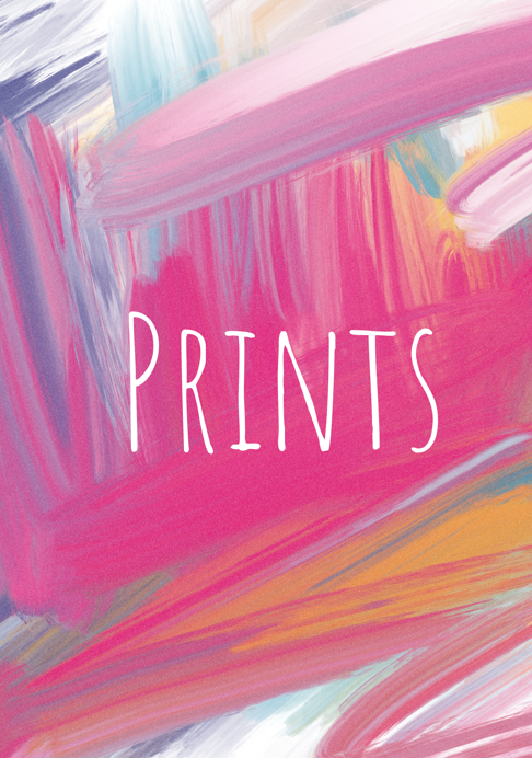 Abstract colorful background with pink, purple, blue, yellow, and white brush strokes, and the word 'PRINTS' written in white in the center.