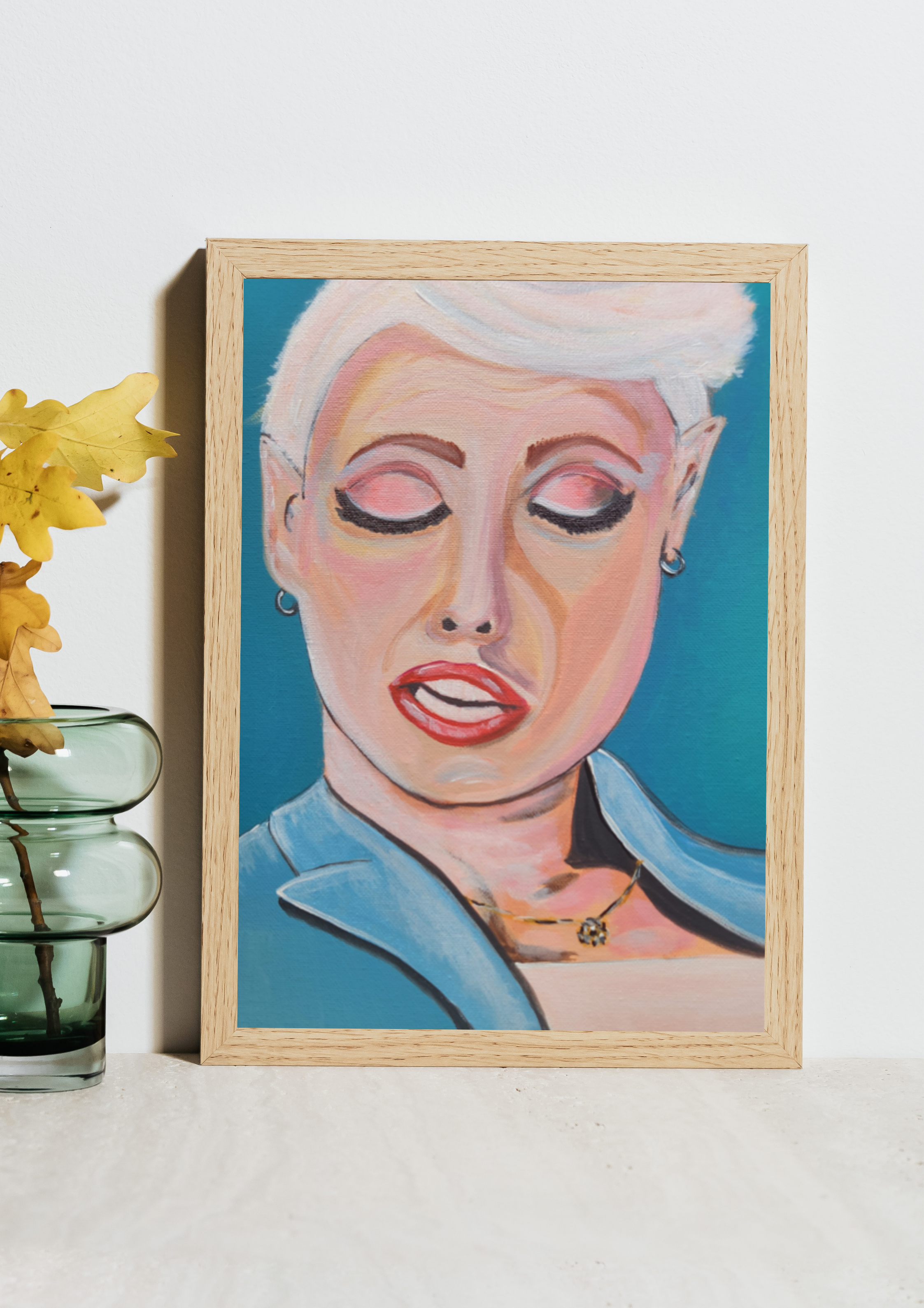 Portrait of a lady with white hair, eyes closed blue background