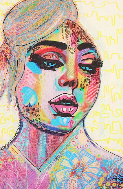 A colorful, stylized portrait of a woman with bold makeup and a high bun, rendered in an abstract, mixed-media style with bright colors and patterns.