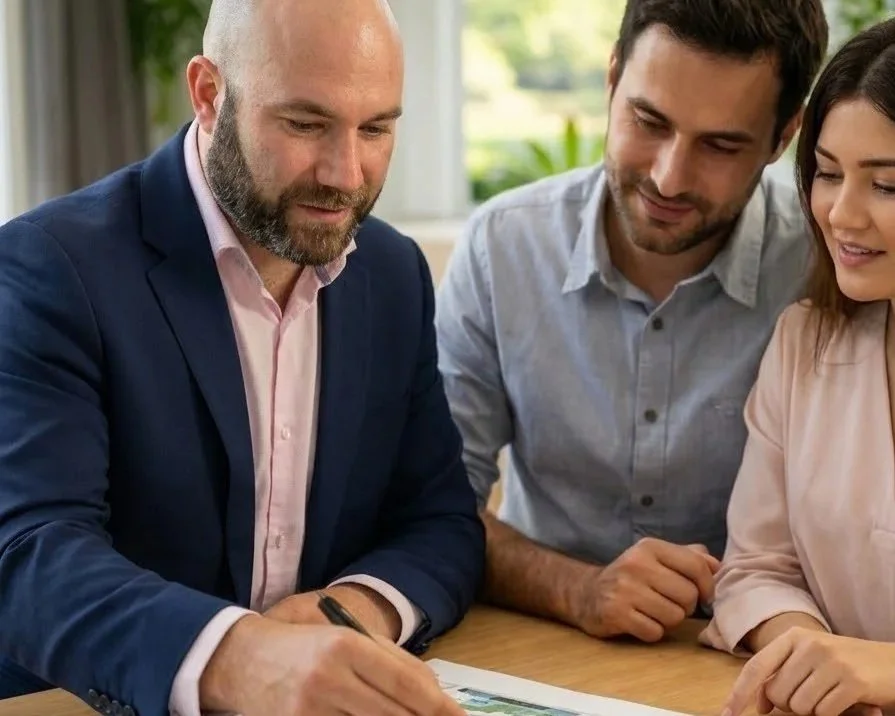Three people, two men and one woman, sitting at a table looking at a document, with one man signing it.