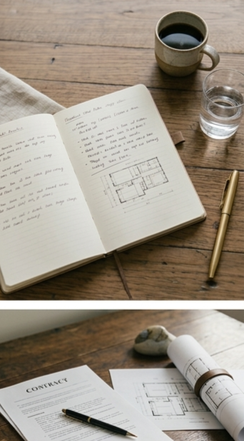 op-down view of a ceramic coffee mug, an open linen-bound notebook with handwritten notes, and a brass pen resting on a rustic timber table next to a laptop displaying property listings; editorial lifestyle photography for thoughtful real estate plan