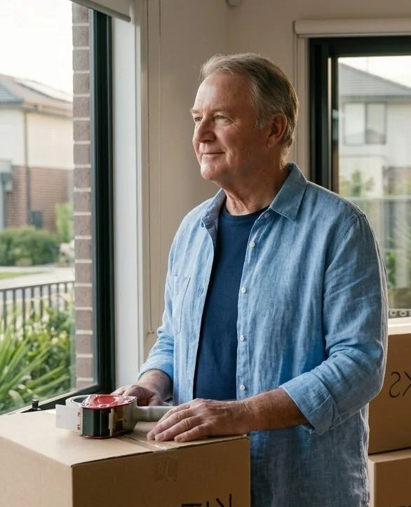 An elderly man standing by a window, holding a tape measure and looking outside with a thoughtful expression, surrounded by cardboard boxes.