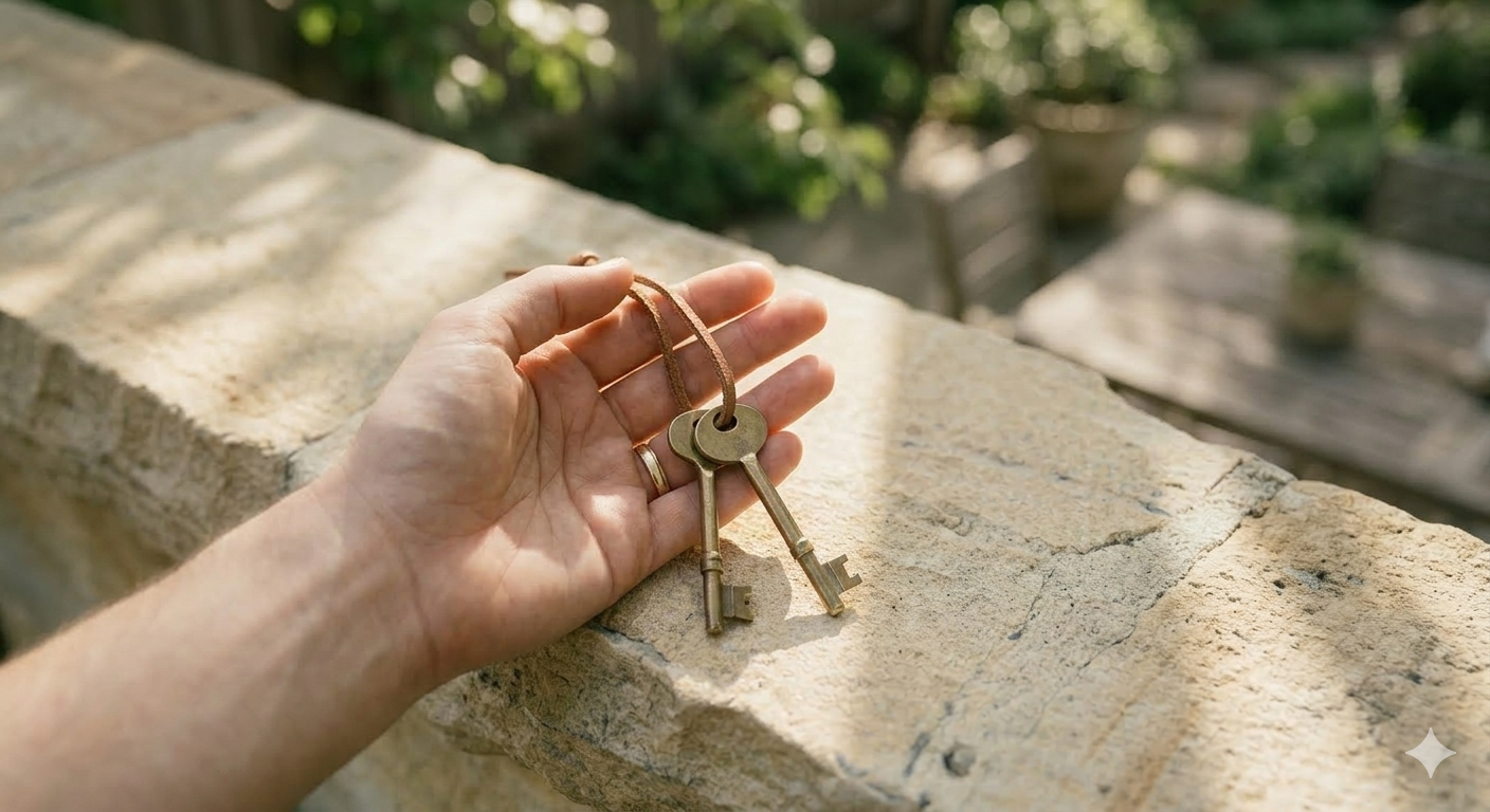 lose-up of vintage brass house keys on a leather cord, held in a hand against a sun-drenched sandstone wall; editorial real estate photography representing home ownership and heritage property.