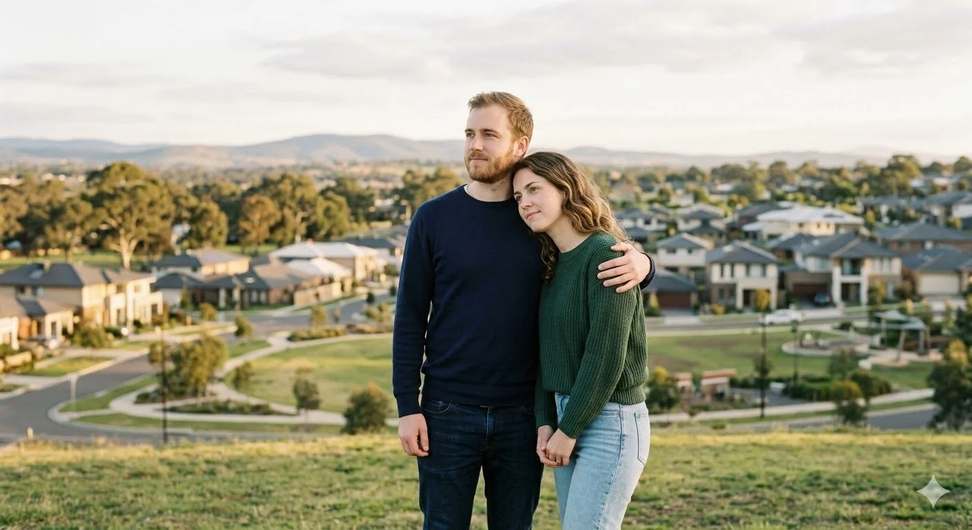 A young couple stands on a grassy hill, with a suburban neighborhood and rolling hills in the background. The man has light brown hair and a beard, wearing a navy blue sweater, and the woman has wavy brown hair, wearing a green sweater. They are standing close, with the man's arm around the woman's shoulder, looking into the distance.
