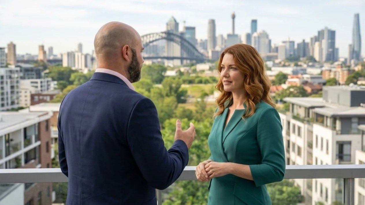 A man and woman having a conversation on a balcony overlooking a city skyline with tall buildings and a bridge, with trees in the foreground.