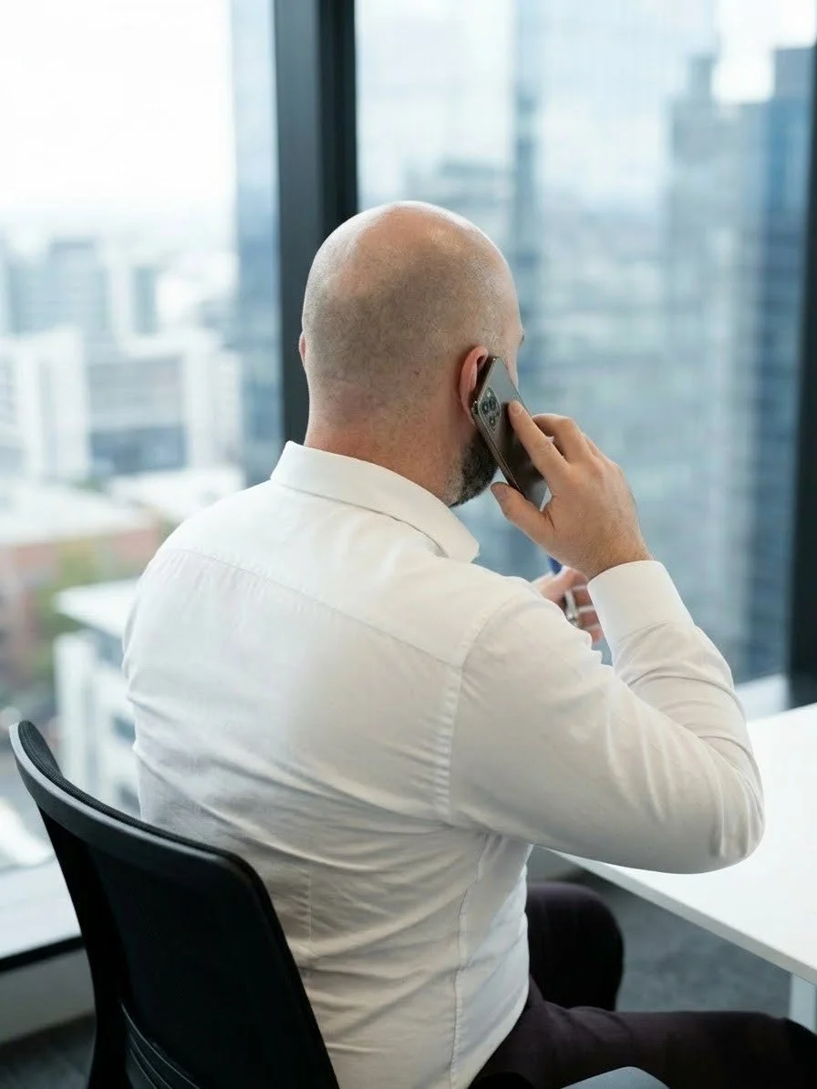 A bald man with a white shirt sitting on a chair in front of a large window, talking on a smartphone in a modern office with a cityscape view in the background.