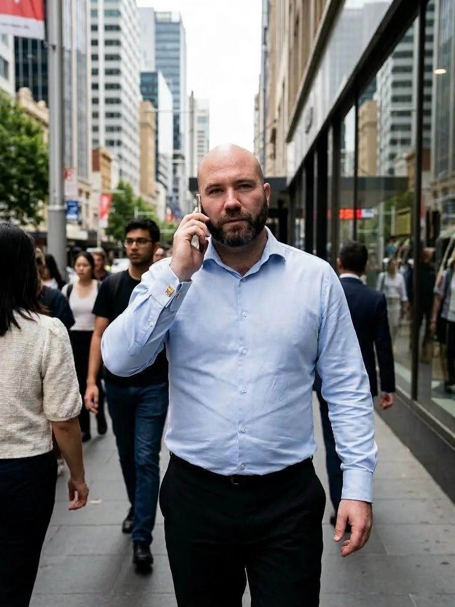 A man with a beard wearing a light blue shirt walking in a busy city street while talking on a cellphone, surrounded by other pedestrians and tall buildings.