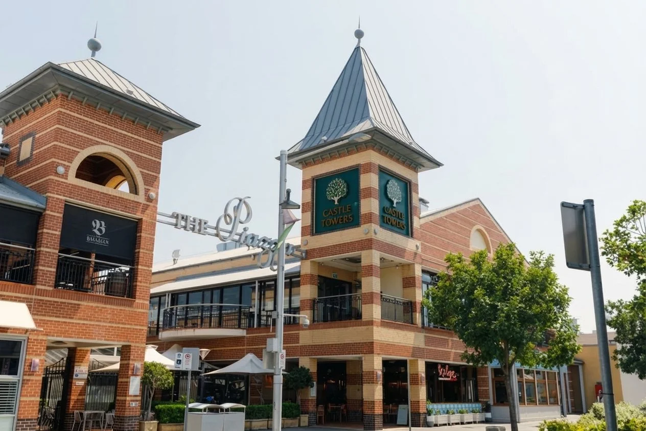 Shopping center with brick buildings, a sign reading "Castle Towers," and trees in front
