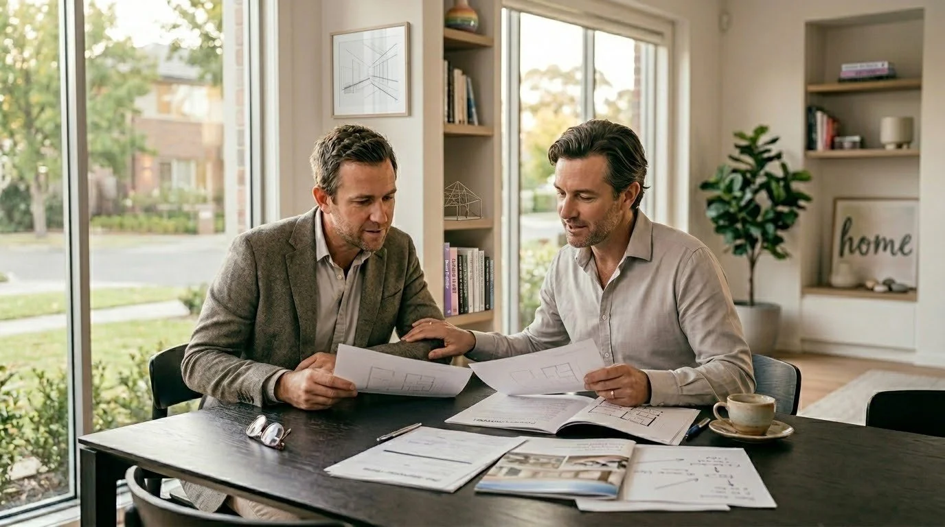 Modern house with large glass windows, wooden and stone exterior, surrounded by landscaped garden with flowering plants and small trees, during golden hour.