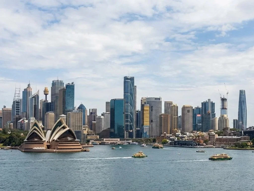 Sydney Harbour with the Sydney Opera House in the foreground and the city skyline in the background, boats sailing on the water.