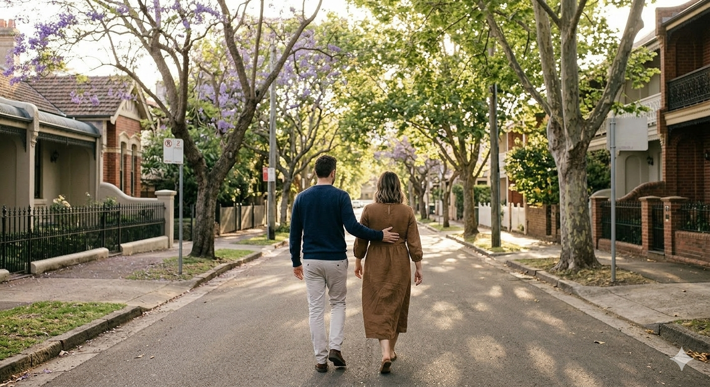 man and woman walking side-by-side down a leafy Sydney street lined with jacaranda trees and heritage terrace houses; symbolic lifestyle shot of professional real estate partnership and support.