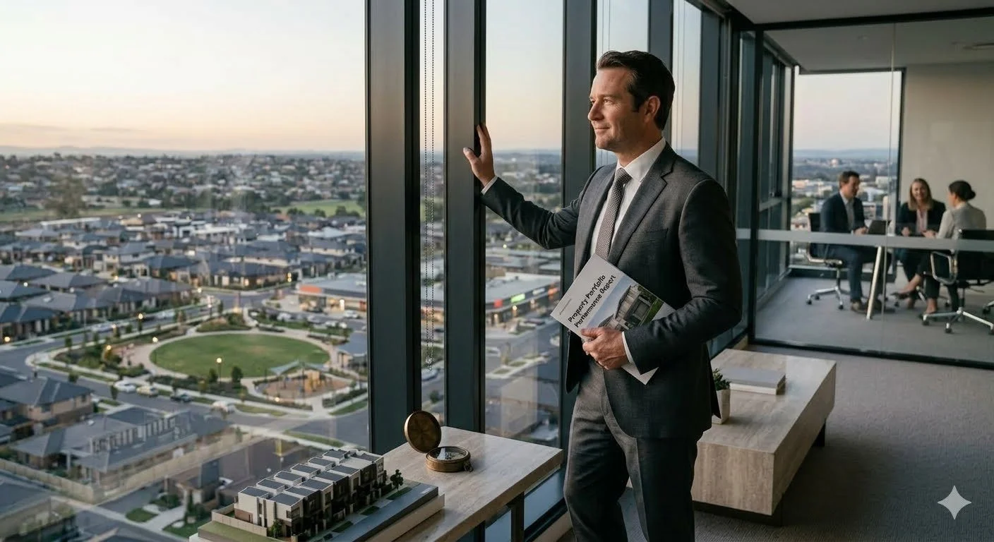Businessman in office looking out window at a cityscape, holding a property brochure, with colleagues in the background.