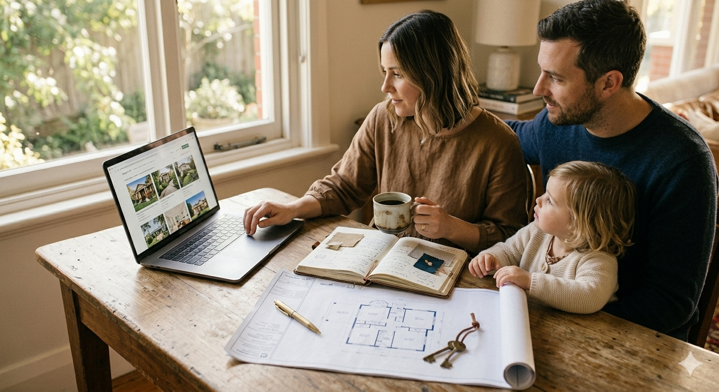 A thoughtful couple sitting at a rustic timber table with coffee and a laptop, reviewing architectural floor plans and property listings in a sunlit room; lifestyle imagery for boutique real estate guidance.