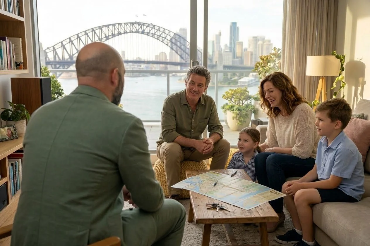 Family sitting in living room with city skyline and Sydney Harbour Bridge visible through large window, discussing with a visitor.