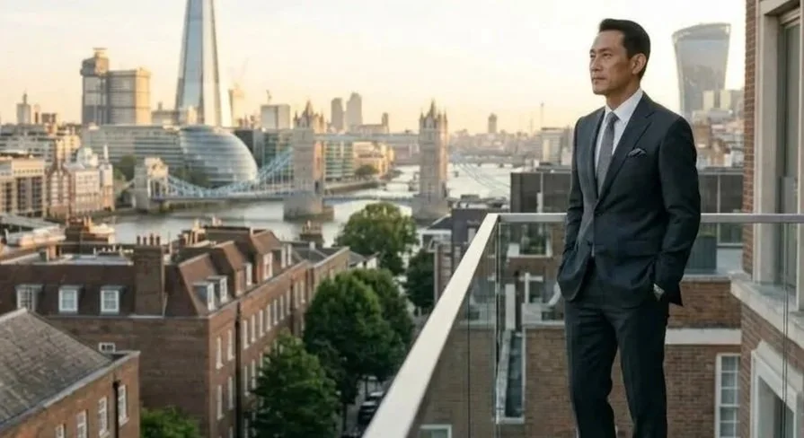 A man in a suit stands on a balcony overlooking London, with landmarks like Tower Bridge and modern skyscrapers in the background during sunset.