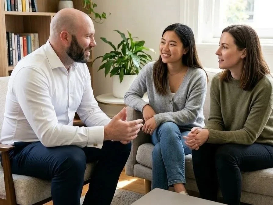 Three people having a conversation in a cozy living room, with a bookshelf and a potted plant in the background.