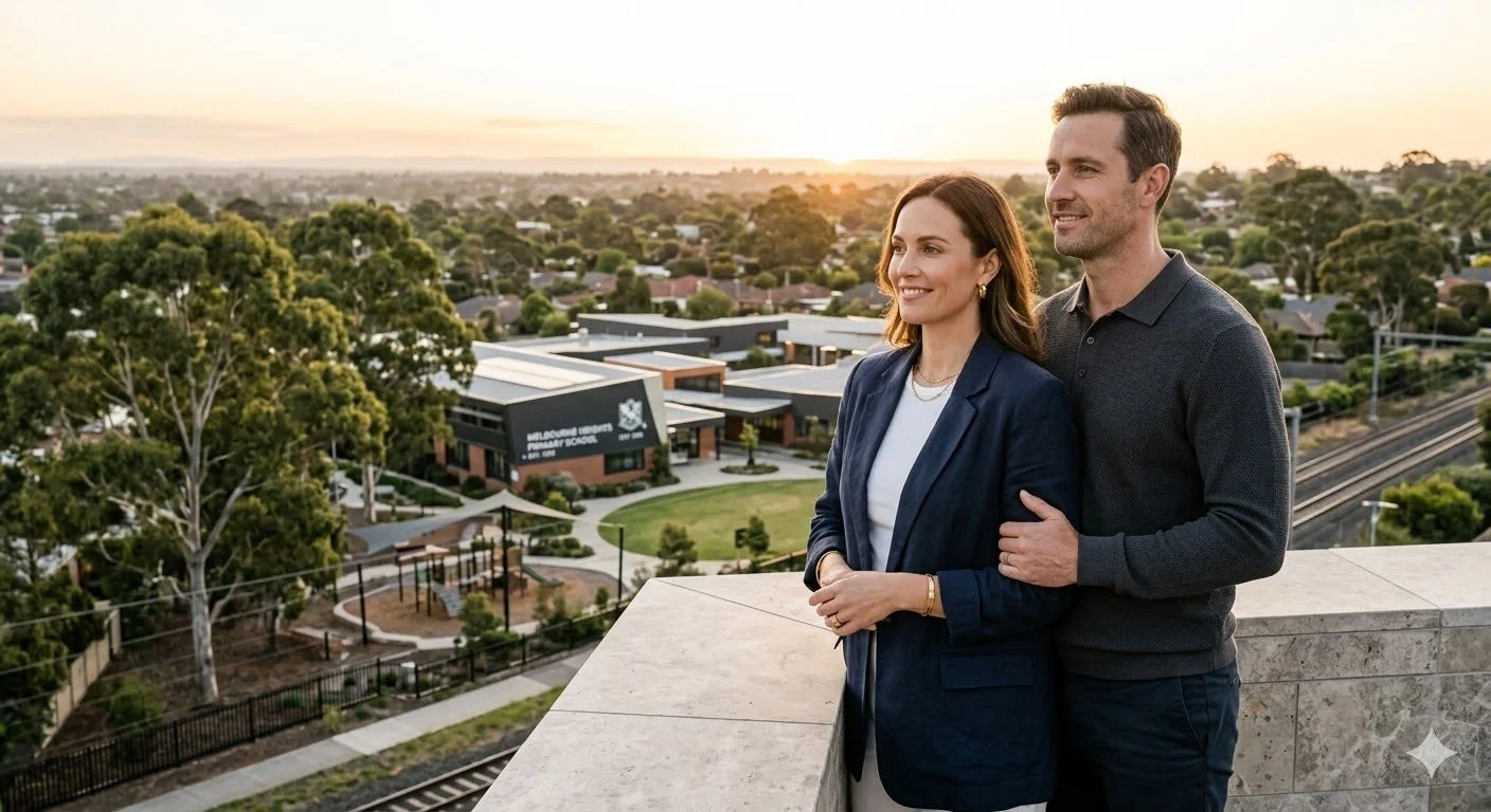 A man and woman standing on a rooftop overlooking a suburban neighborhood at sunset, smiling and embracing.