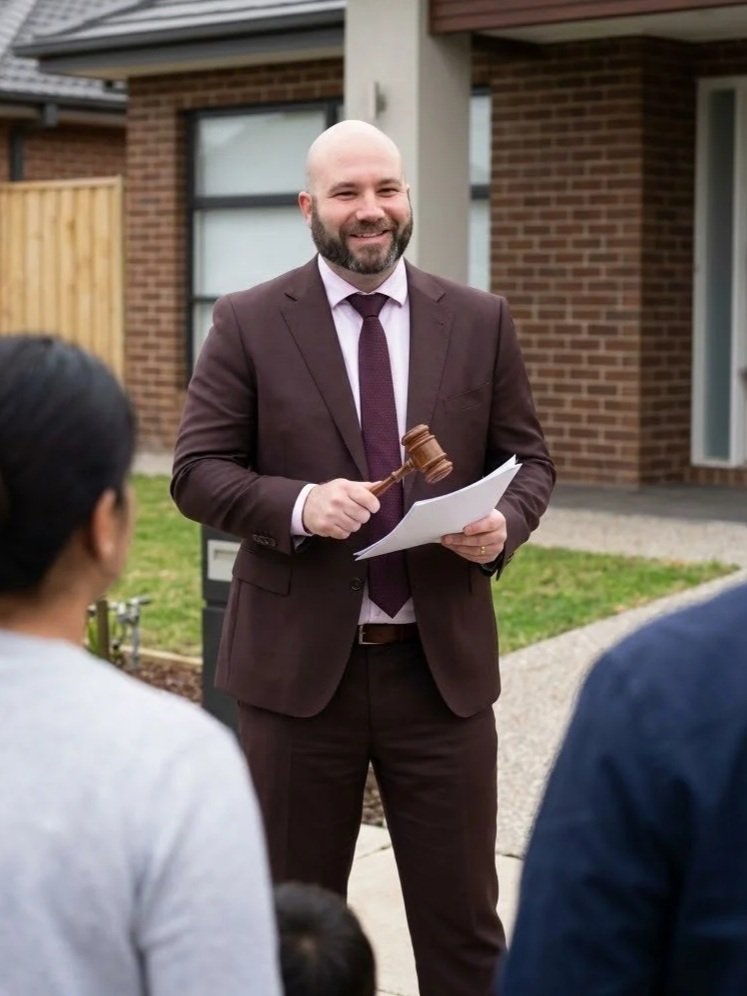Andrew auctioning a property in a maroon suit