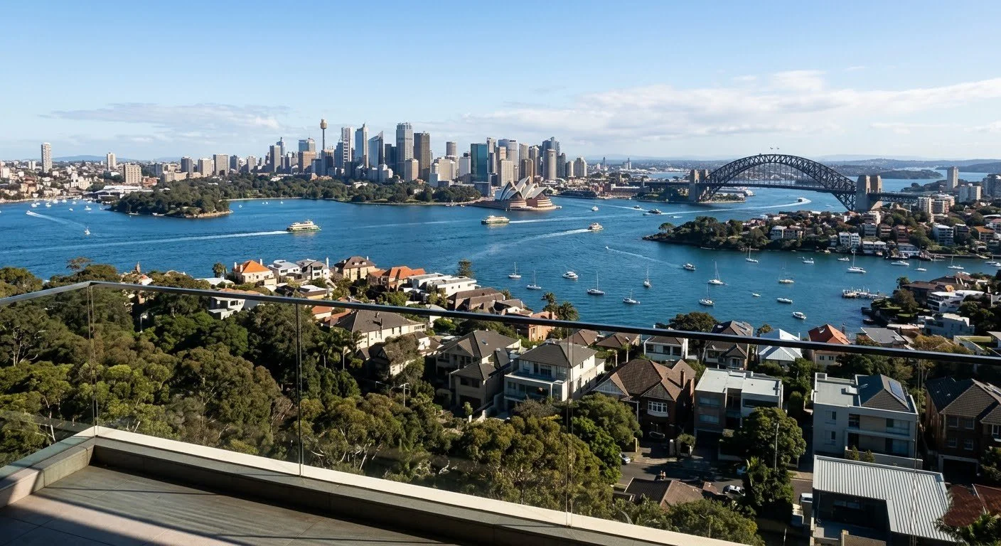View of Sydney skyline with the harbor and boats, seen from a balcony or terrace.