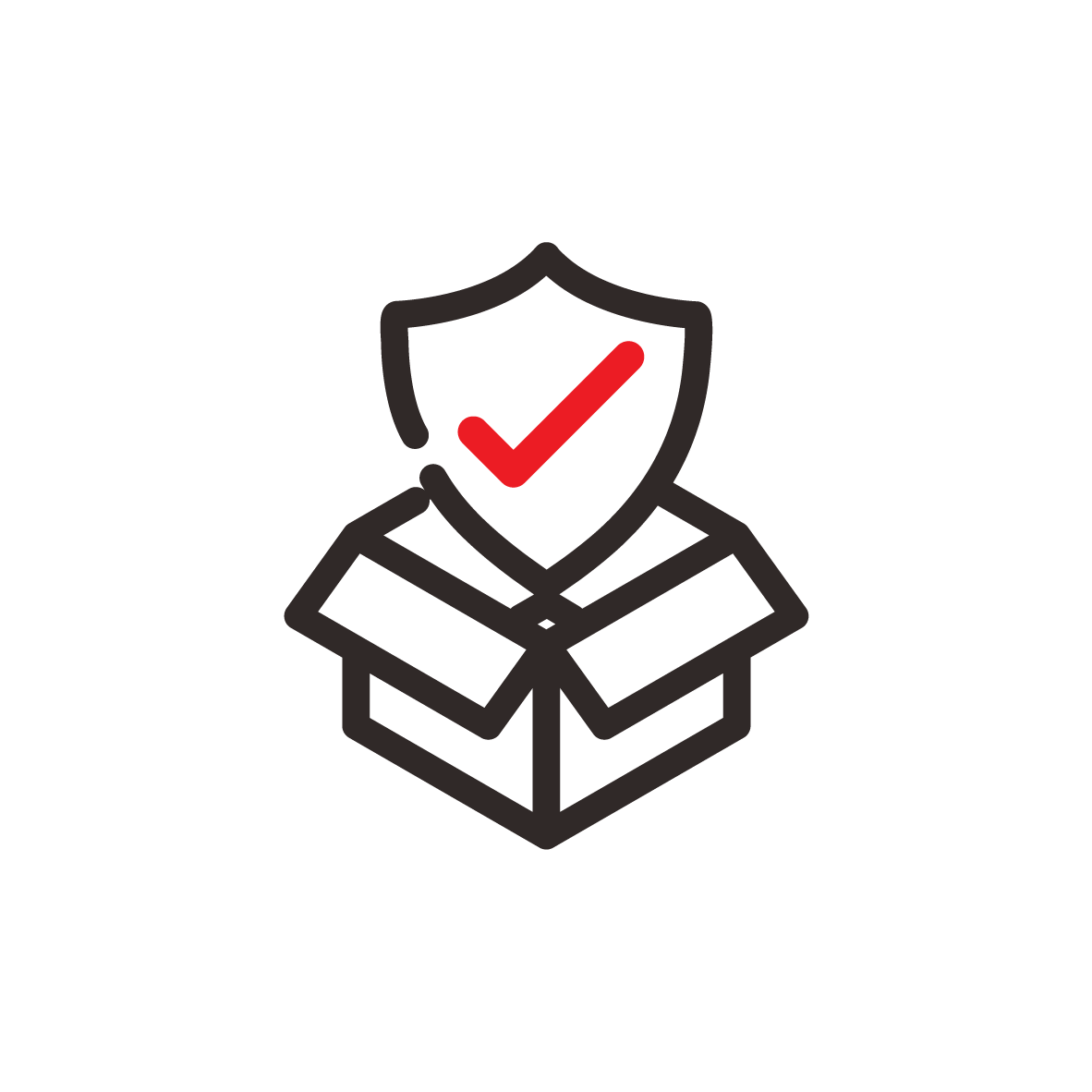 Outline of a person with a shield in front of their face, featuring a red checkmark, emerging from an open box.