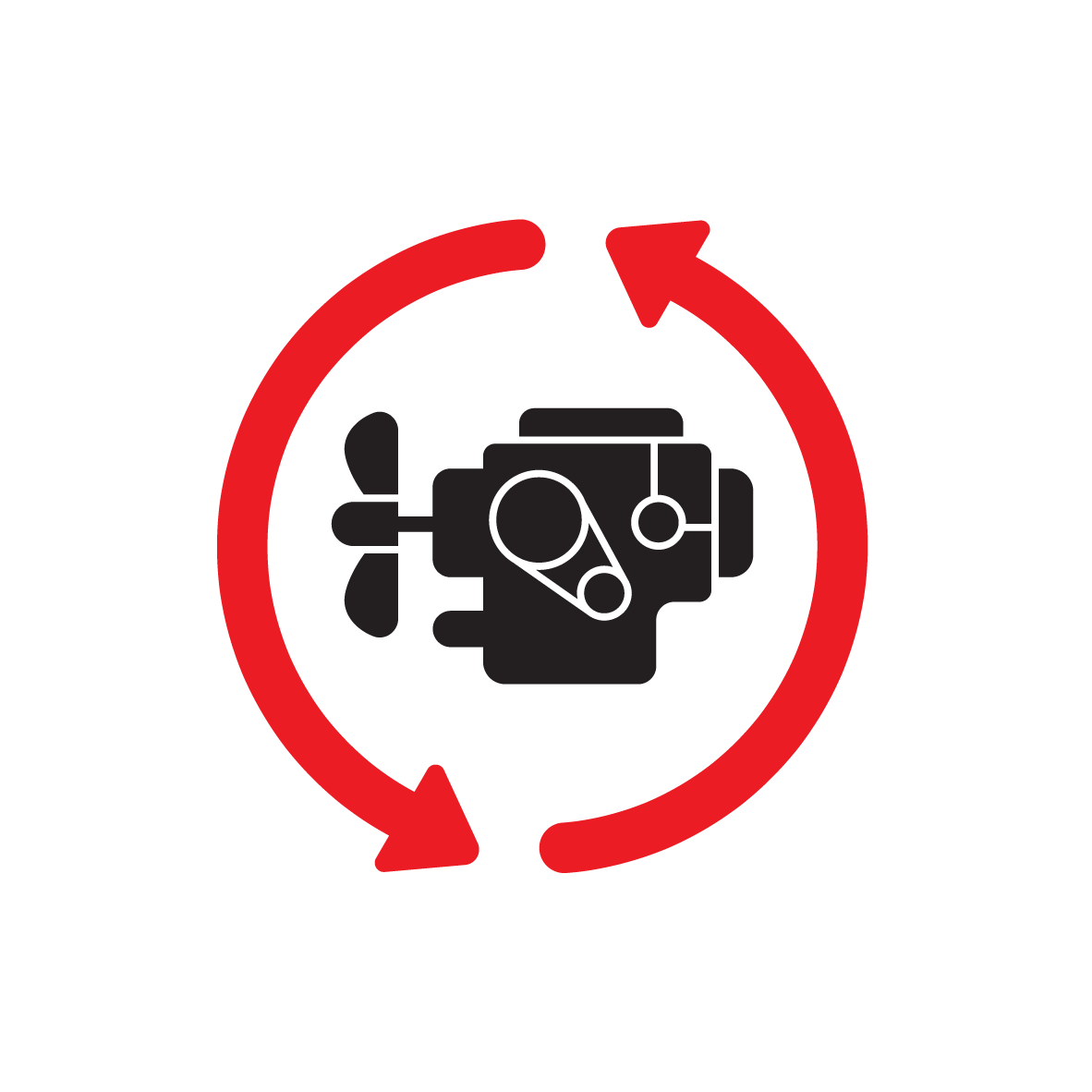 Icon of an engine surrounded by a red circular arrow, indicating engine maintenance or recycling.