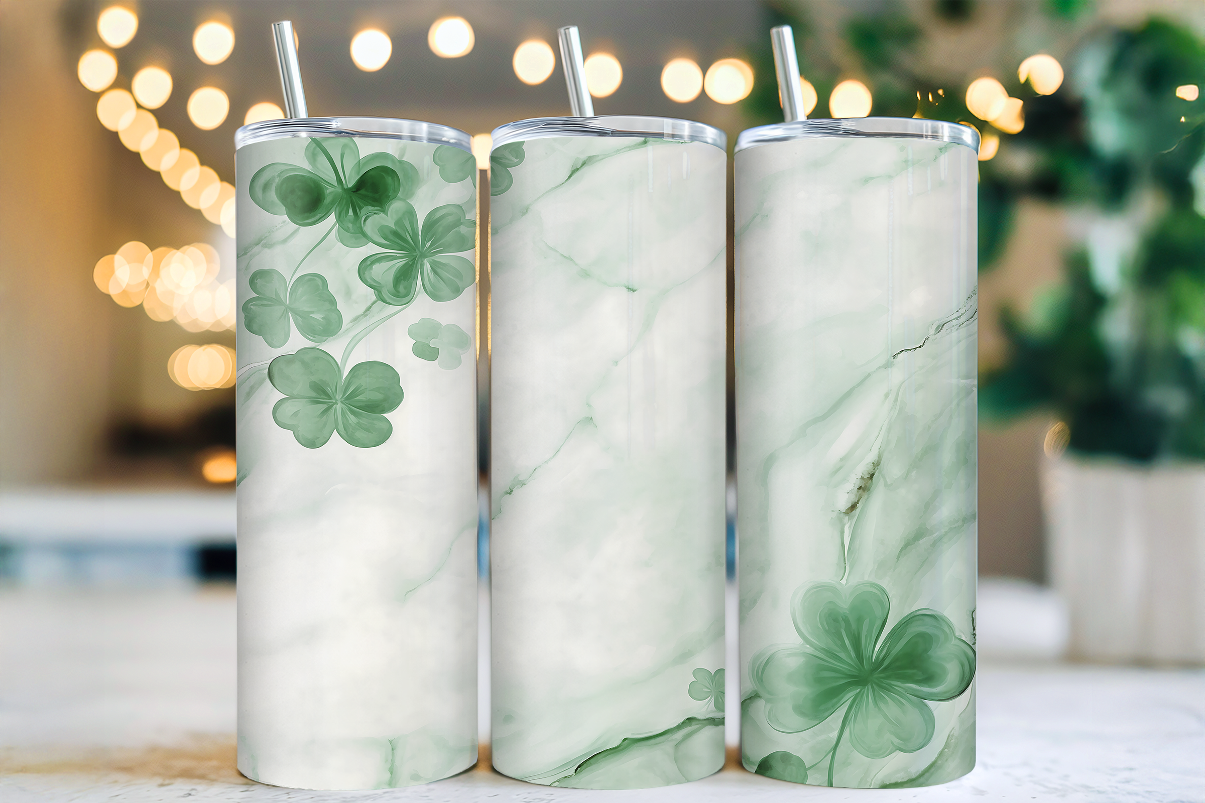 20oz Stainless Steel Tumbler — Green Marble with Shamrock St. Patrick's Design