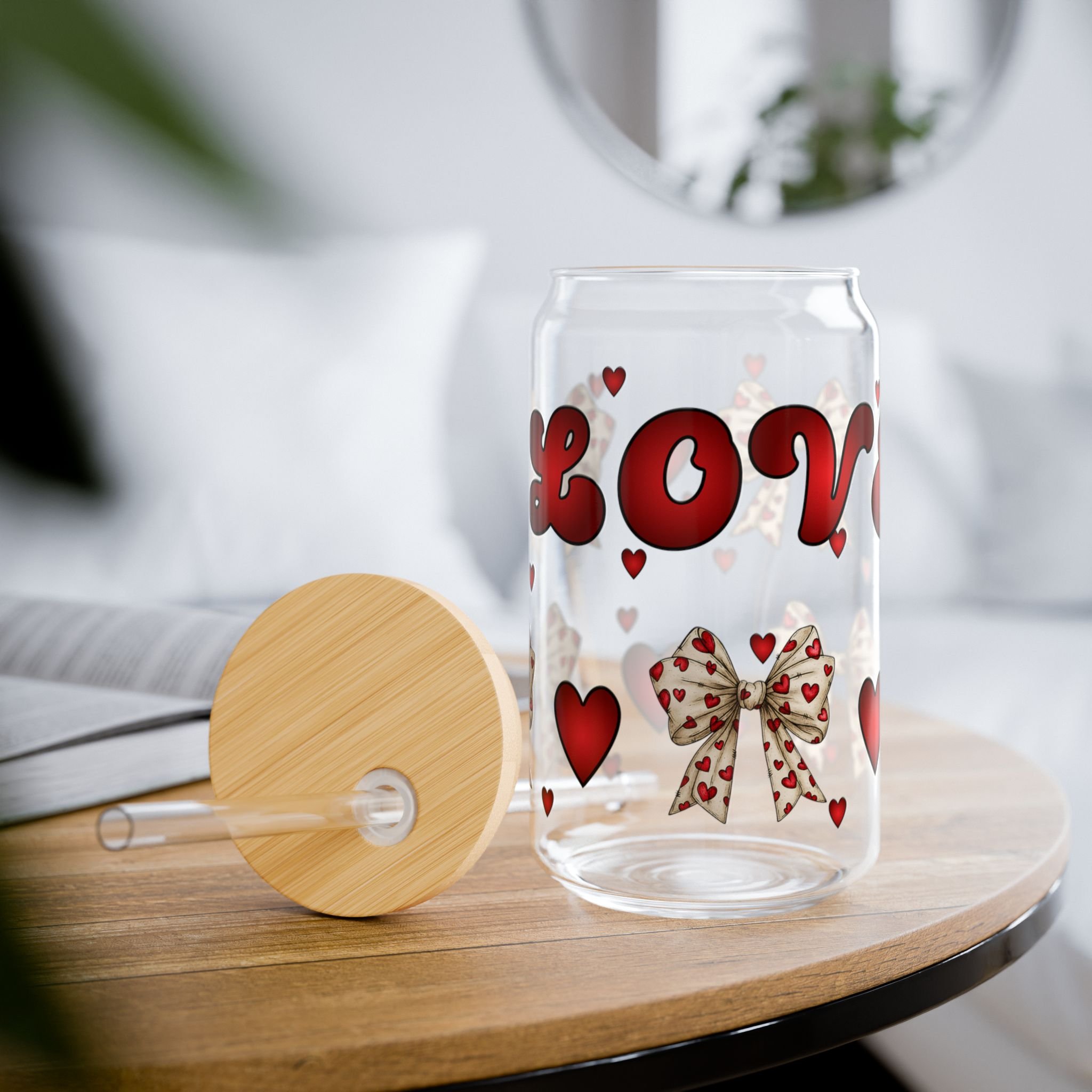 Love & Hearts  — 16oz Valentine’s Day Glass Can with Straw (Metal)
