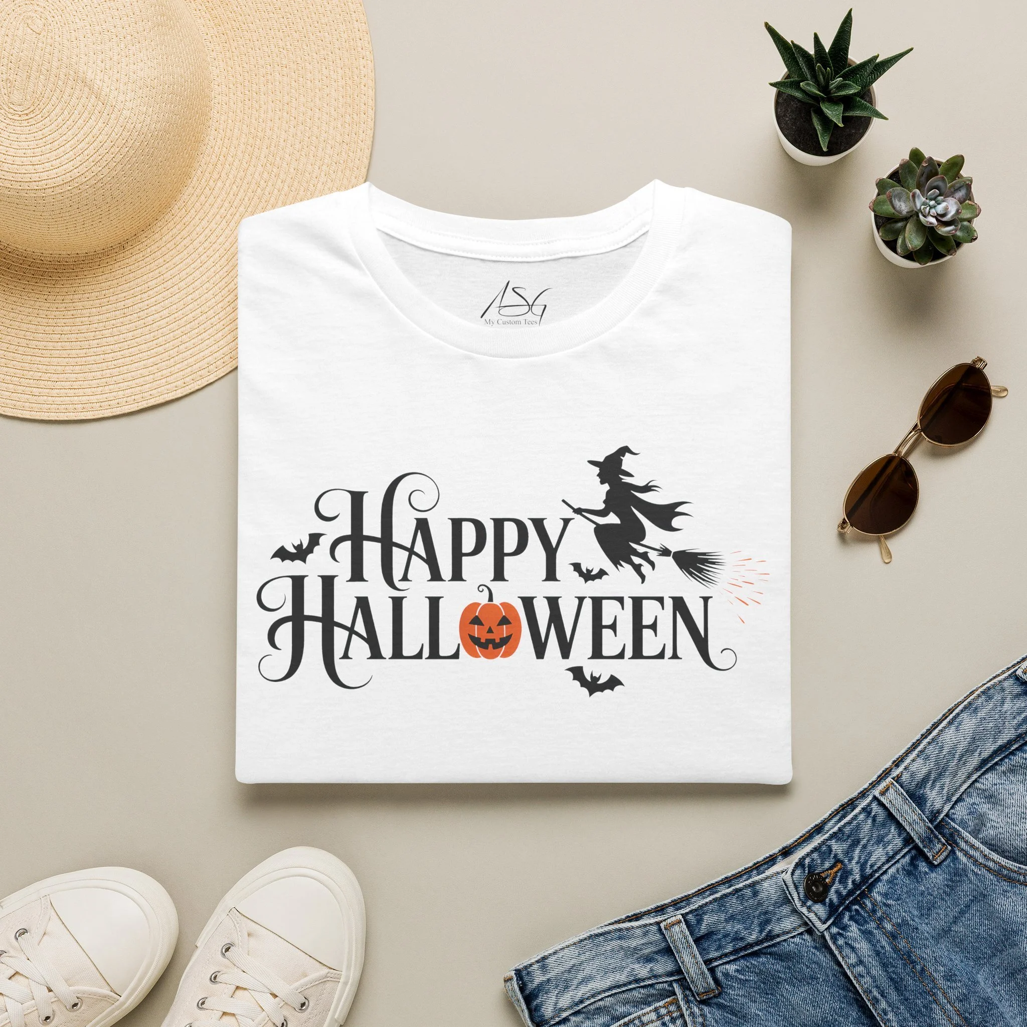 Happy Halloween T-Shirt — Witch, Bats & Jack-O'-Lantern Graphic