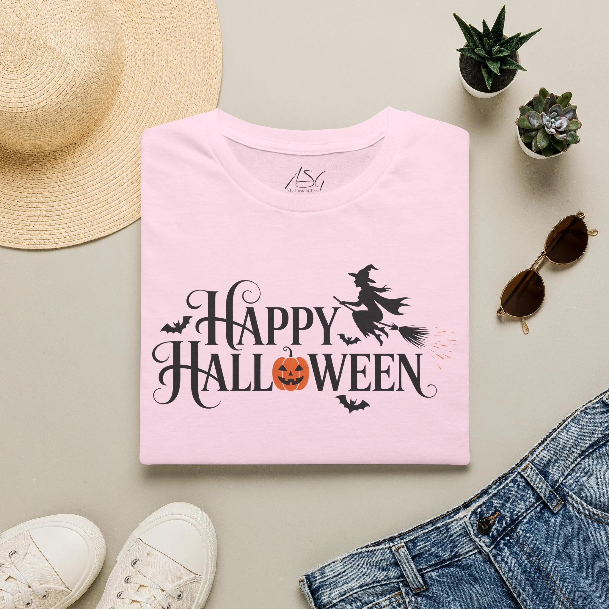 Happy Halloween T-Shirt — Witch, Bats & Jack-O'-Lantern Graphic