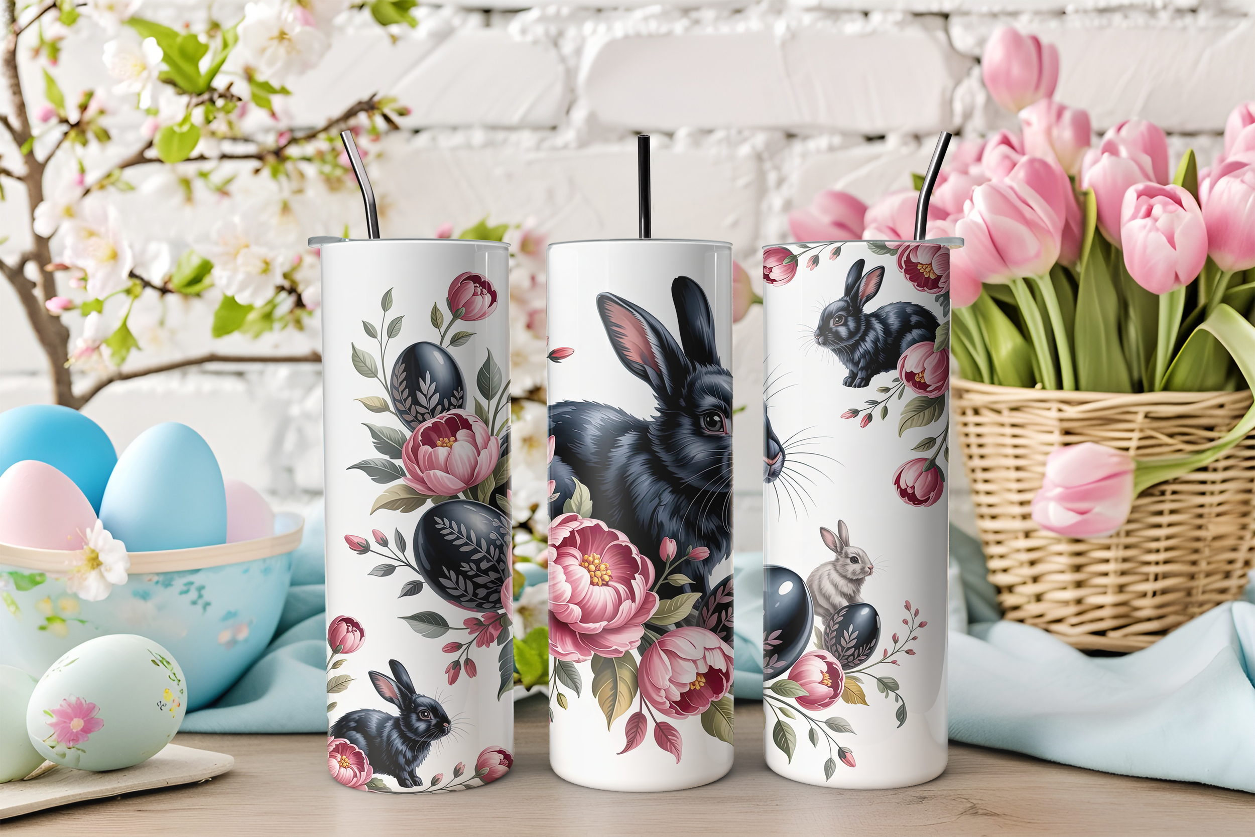 20oz Floral Black Rabbit  Stainless Tumbler