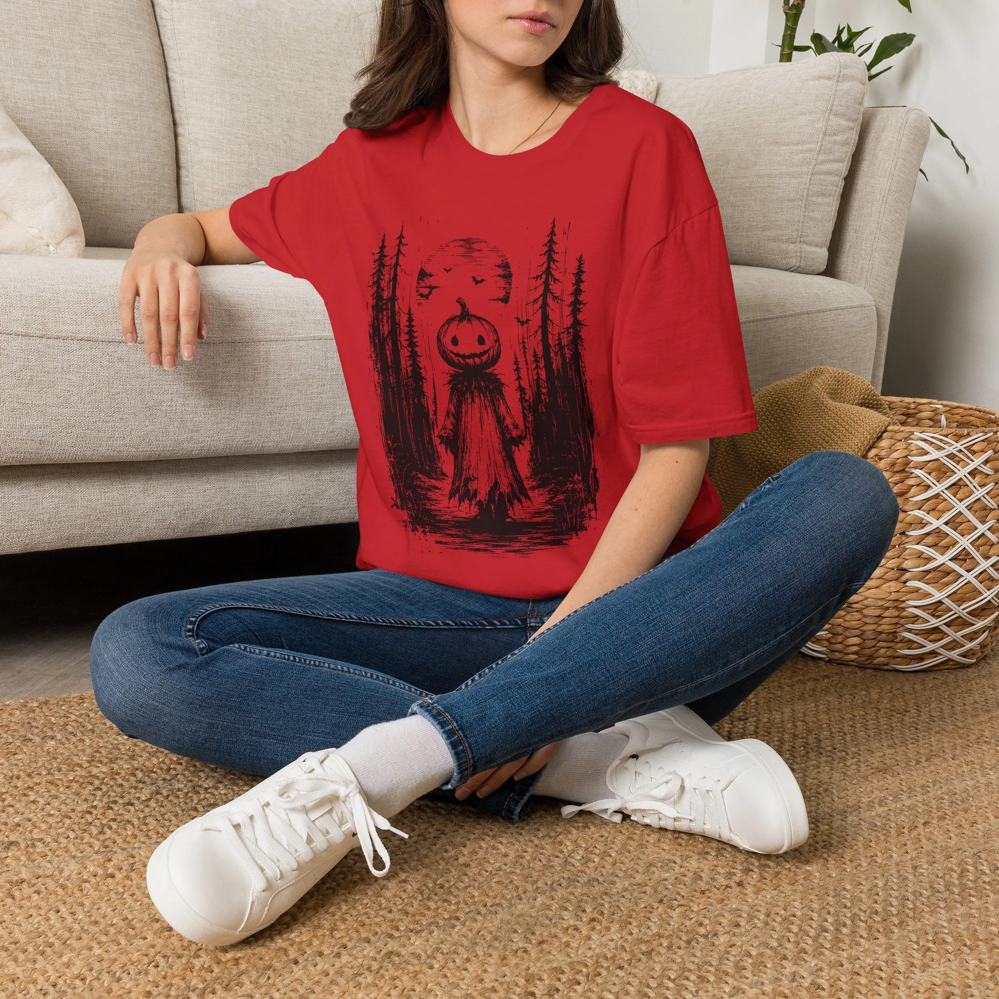 Halloween Pumpkin ScareCrow In Forest T-Shirt Version 3