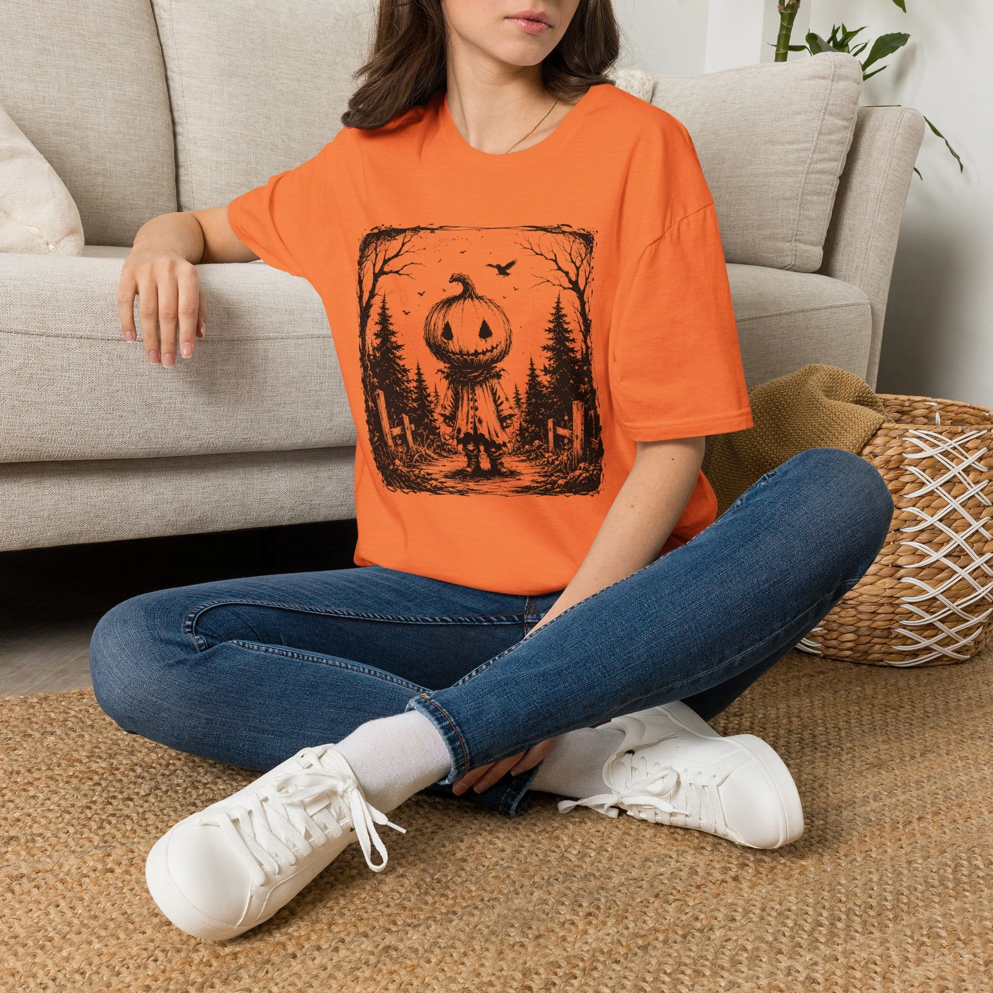 Halloween Pumpkin ScareCrow In Forest T-Shirt Version 1