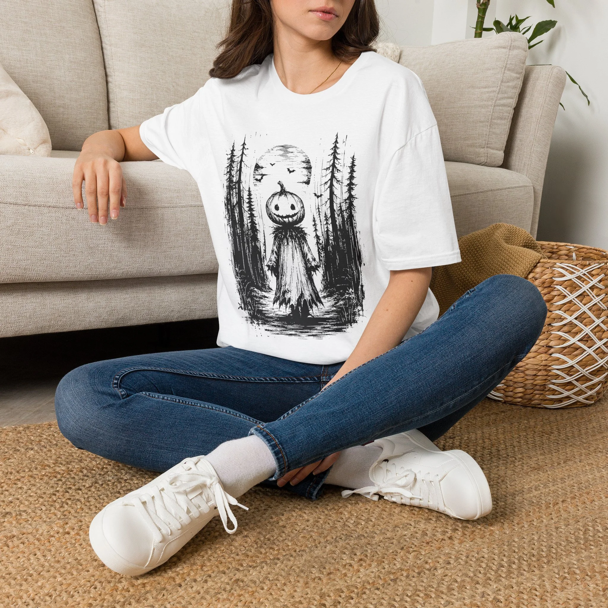 Halloween Pumpkin ScareCrow In Forest T-Shirt Version 3