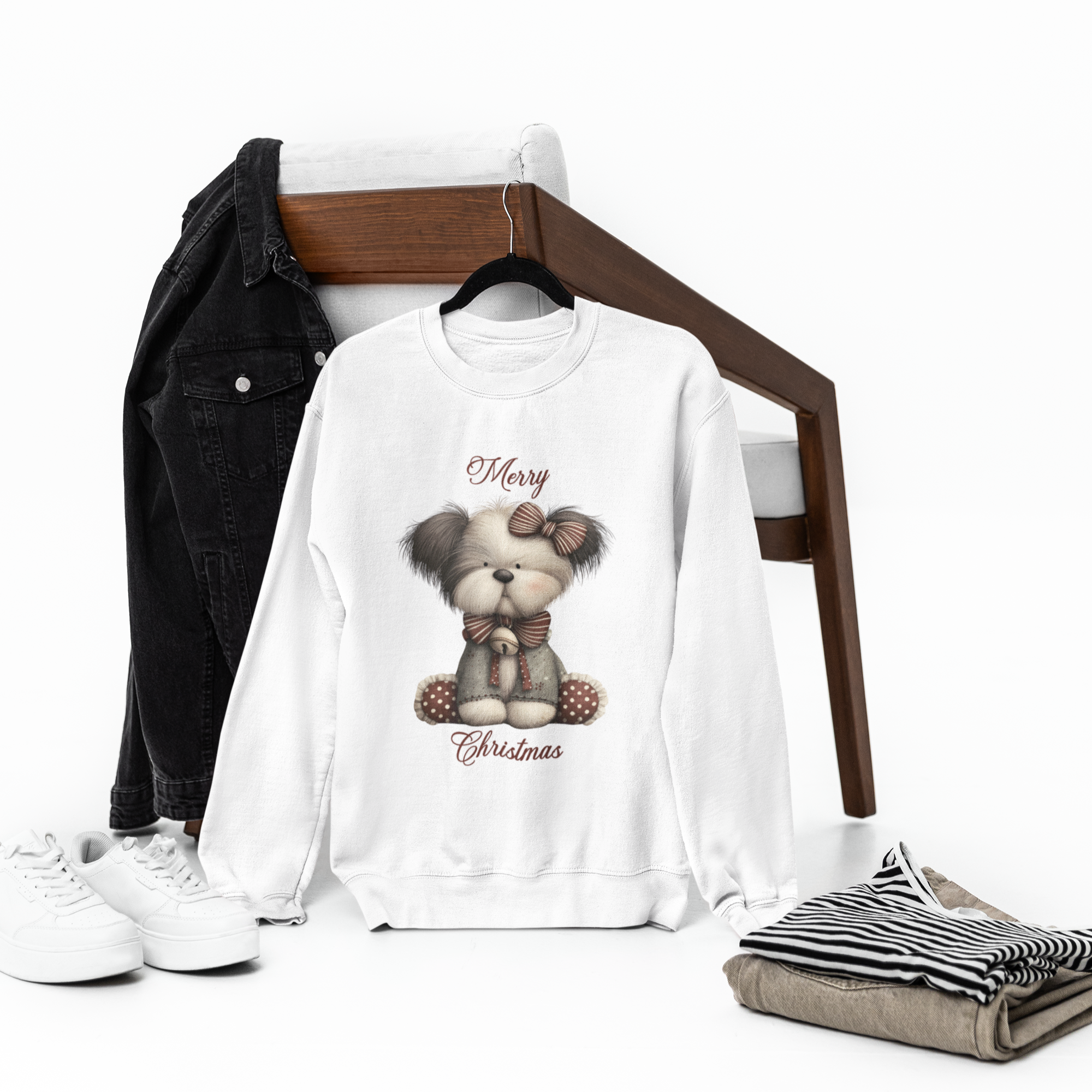 Cute Dog with Bow “Merry Christmas” Holiday Sweatshirt